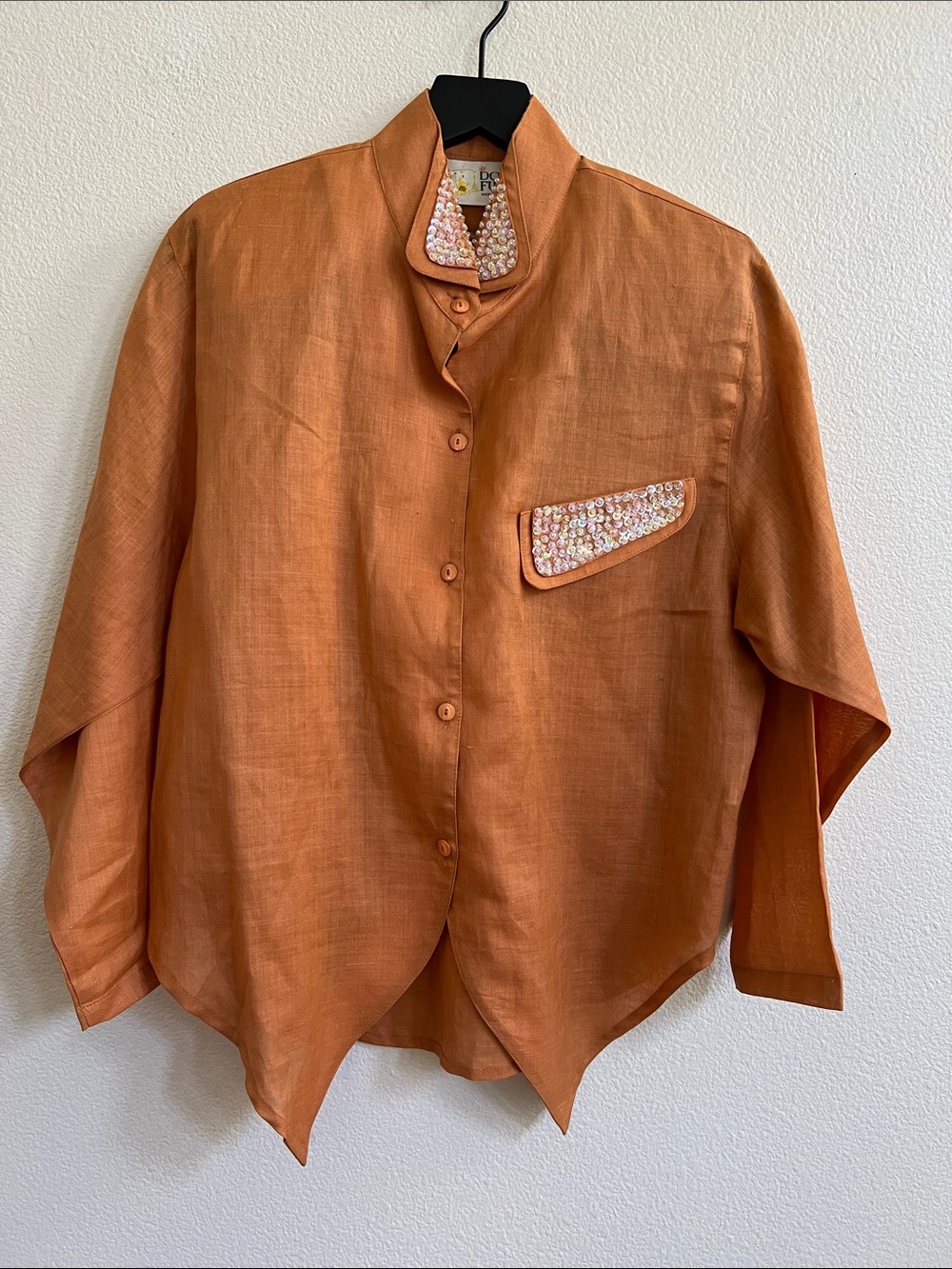BOUTIQUE Linen Jacket Asymmetrical Hem Rusty Orange/Embellished White Sequin